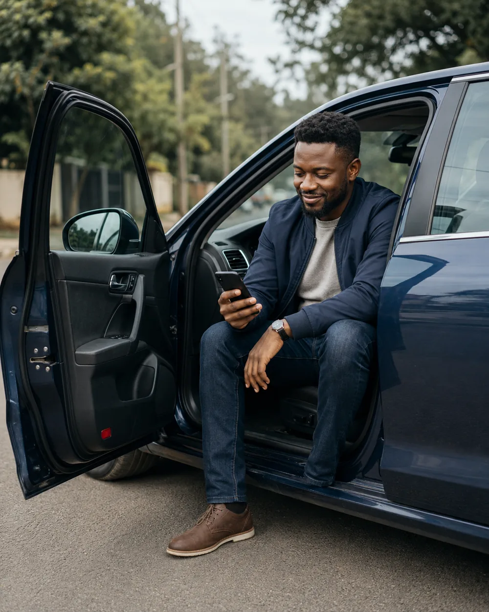 A driver checking his cover on his phone beside his car